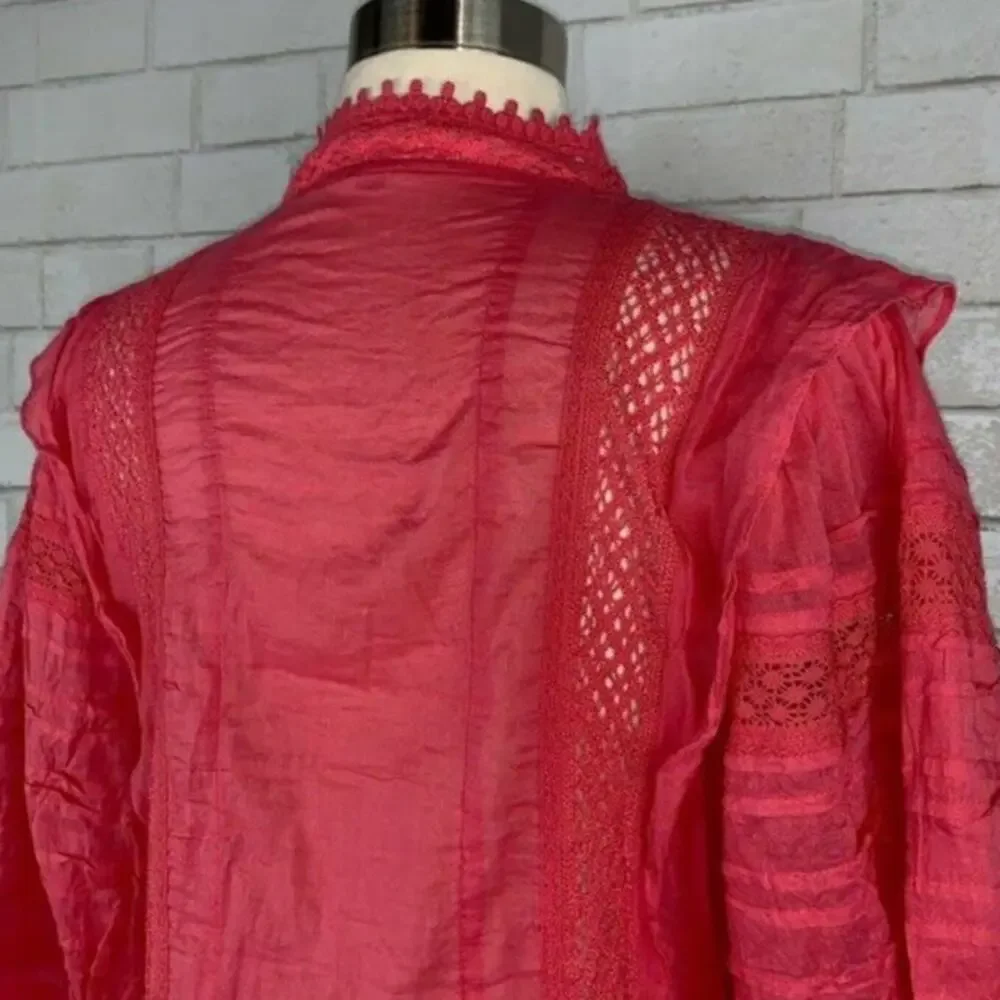 FP FREE PEOPLE Lace Crochet Puff Poof Sleeve Button Front Victorian Blouse XS